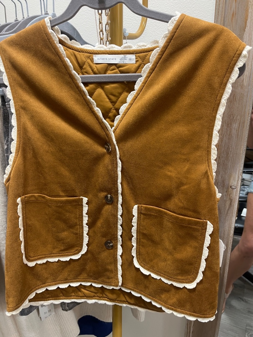 Altar'd State Mustard Brown Quilted Vest with Cream Scallop Trim